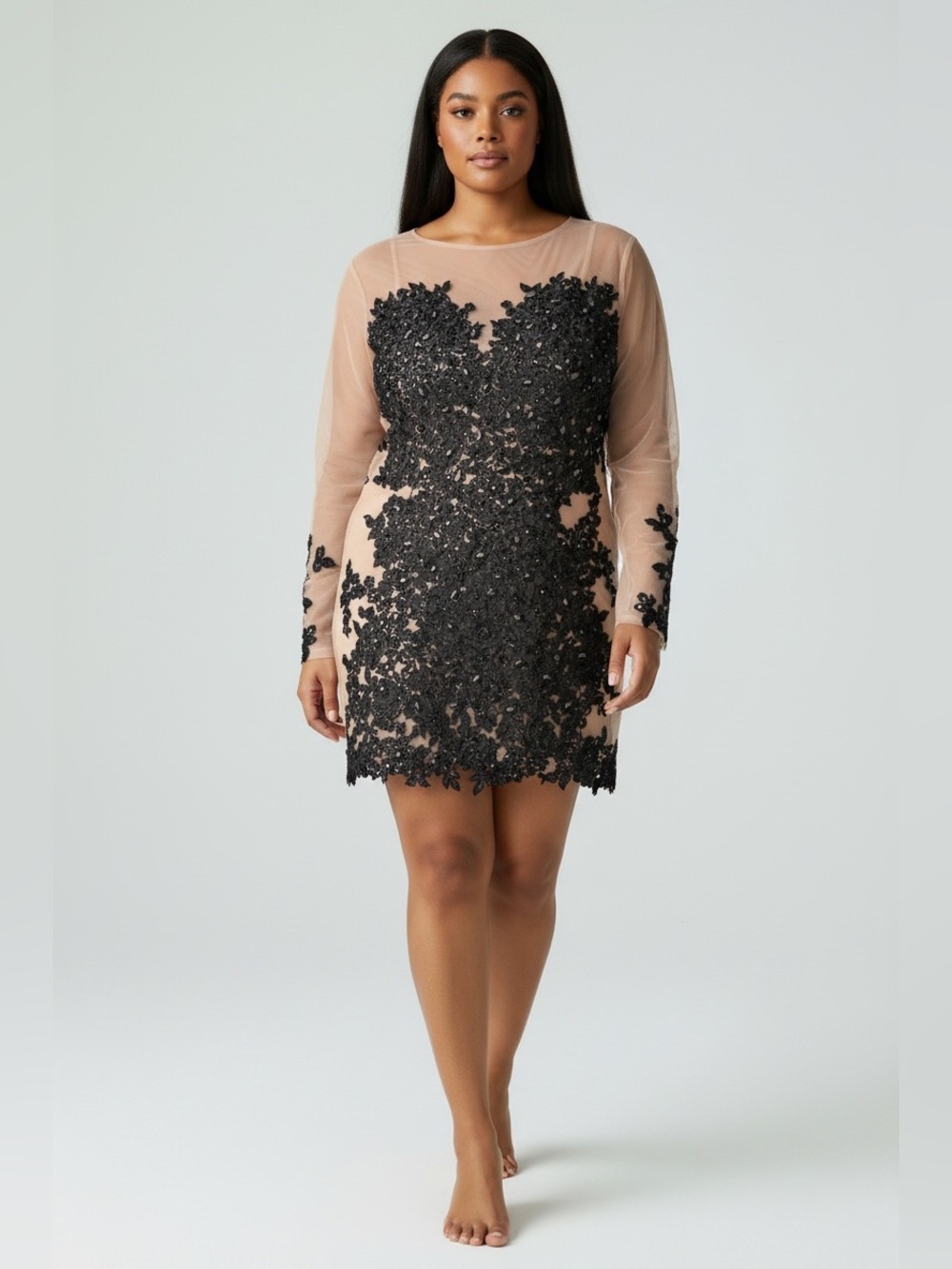 Sheer Nude Long-Sleeve Dress with Black Lace Appliqué